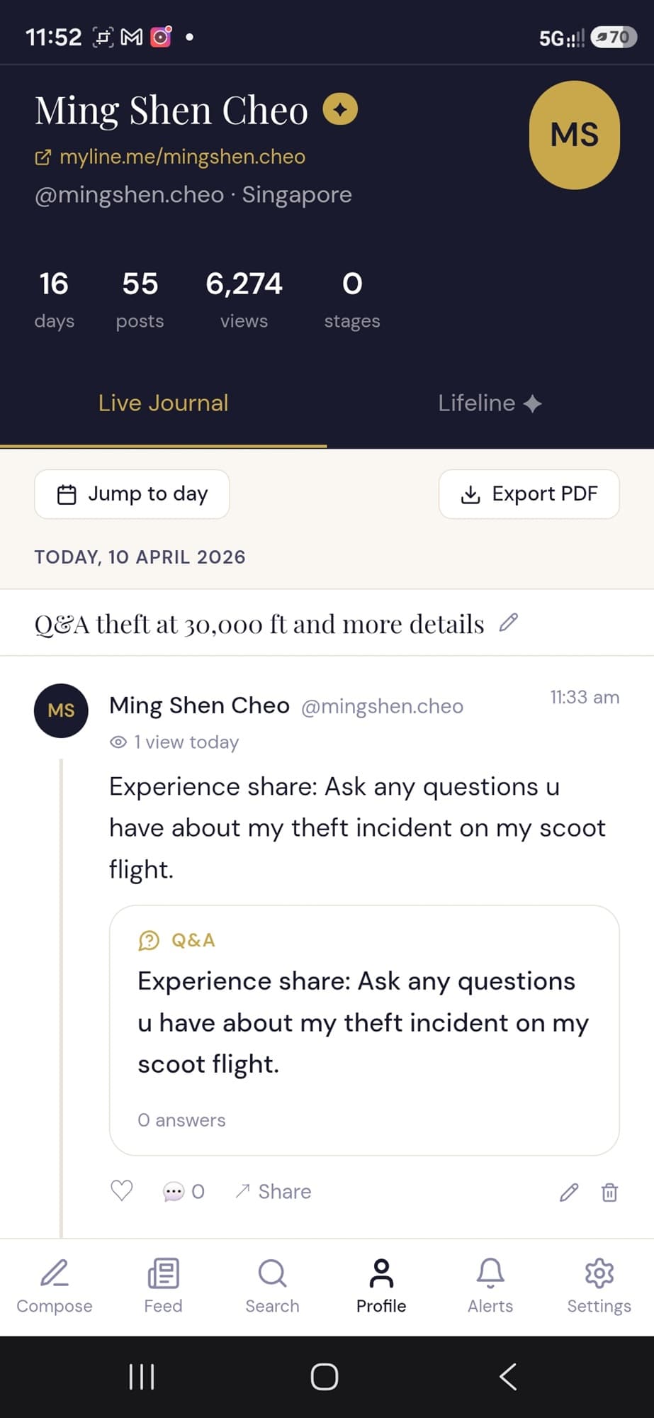 Your profile with live journal and lifeline timeline